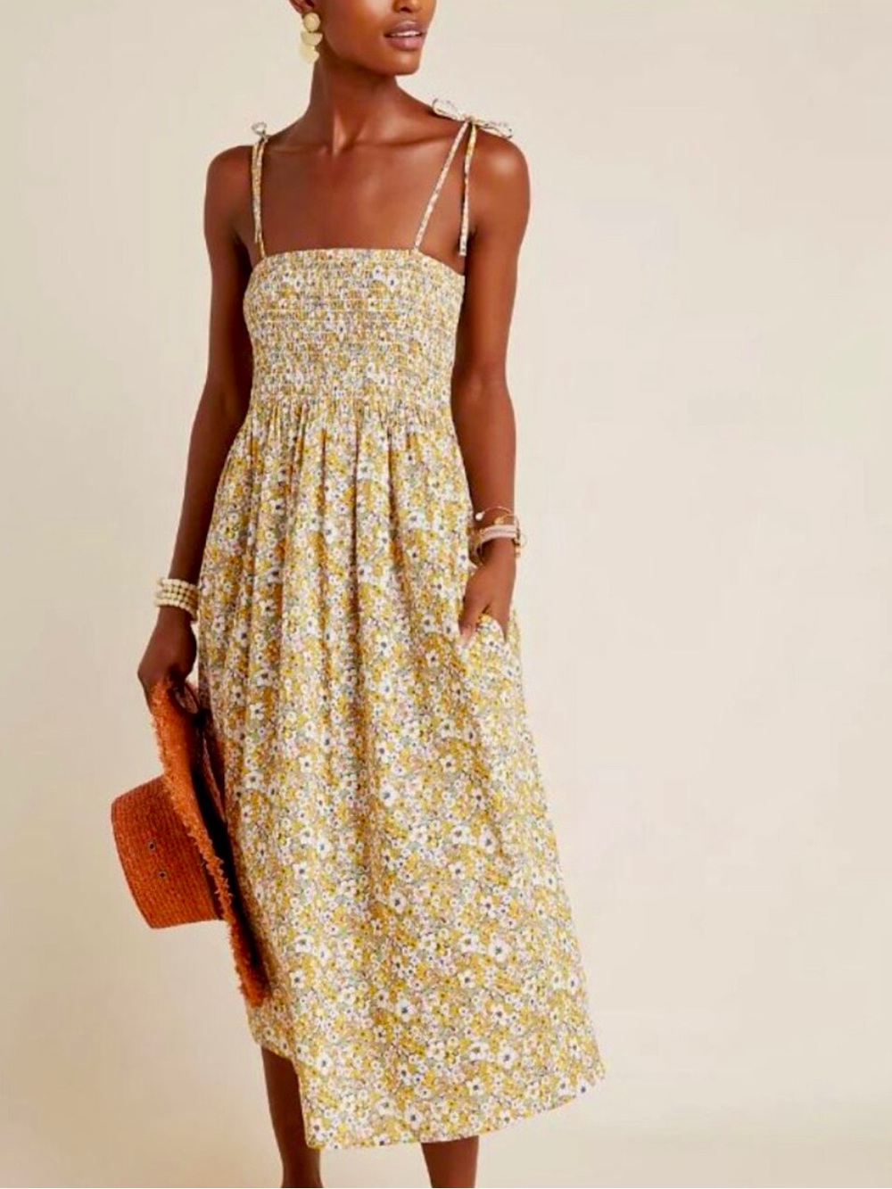 Frye x Anthropologie Alice Smocked Tie-Strap Floral Midi Dress in Yellow Medium